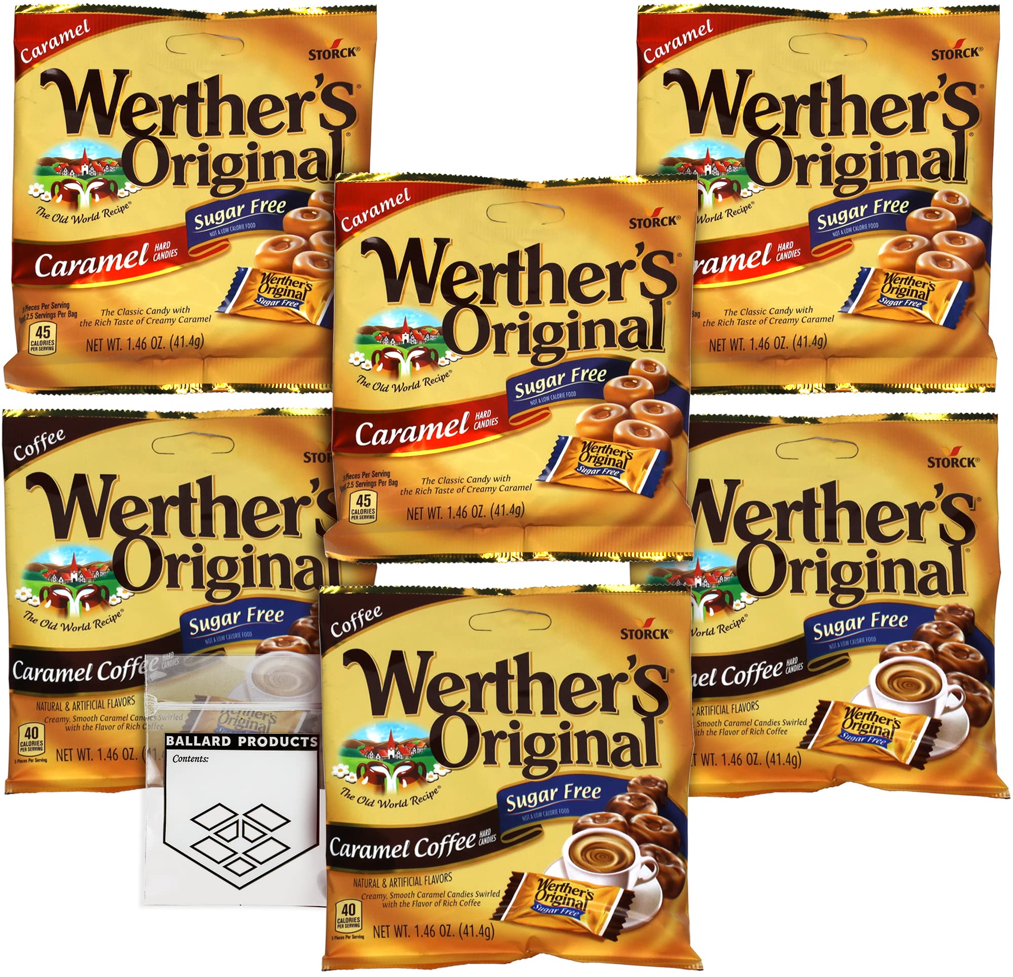 Werthers Sugar Free Hard Candy Variety Pack of 6 - 3 Bags Each Flavor - Original Hard Candy and Caramel Coffee - Individually Wrapped Sugar Free Candy - Bundle with Ballard Products Pocket Bag