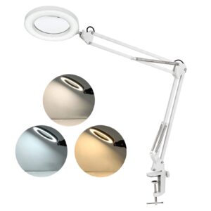 Magnifying LED Desk Lamp with clamp, 8X Magnifer Light 3 Color Modes 10 Dimmable Adjustable Swivel Arm