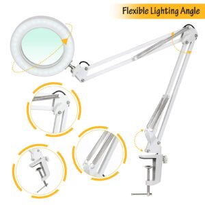 Magnifying LED Desk Lamp with clamp, 8X Magnifer Light 3 Color Modes 10 Dimmable Adjustable Swivel Arm