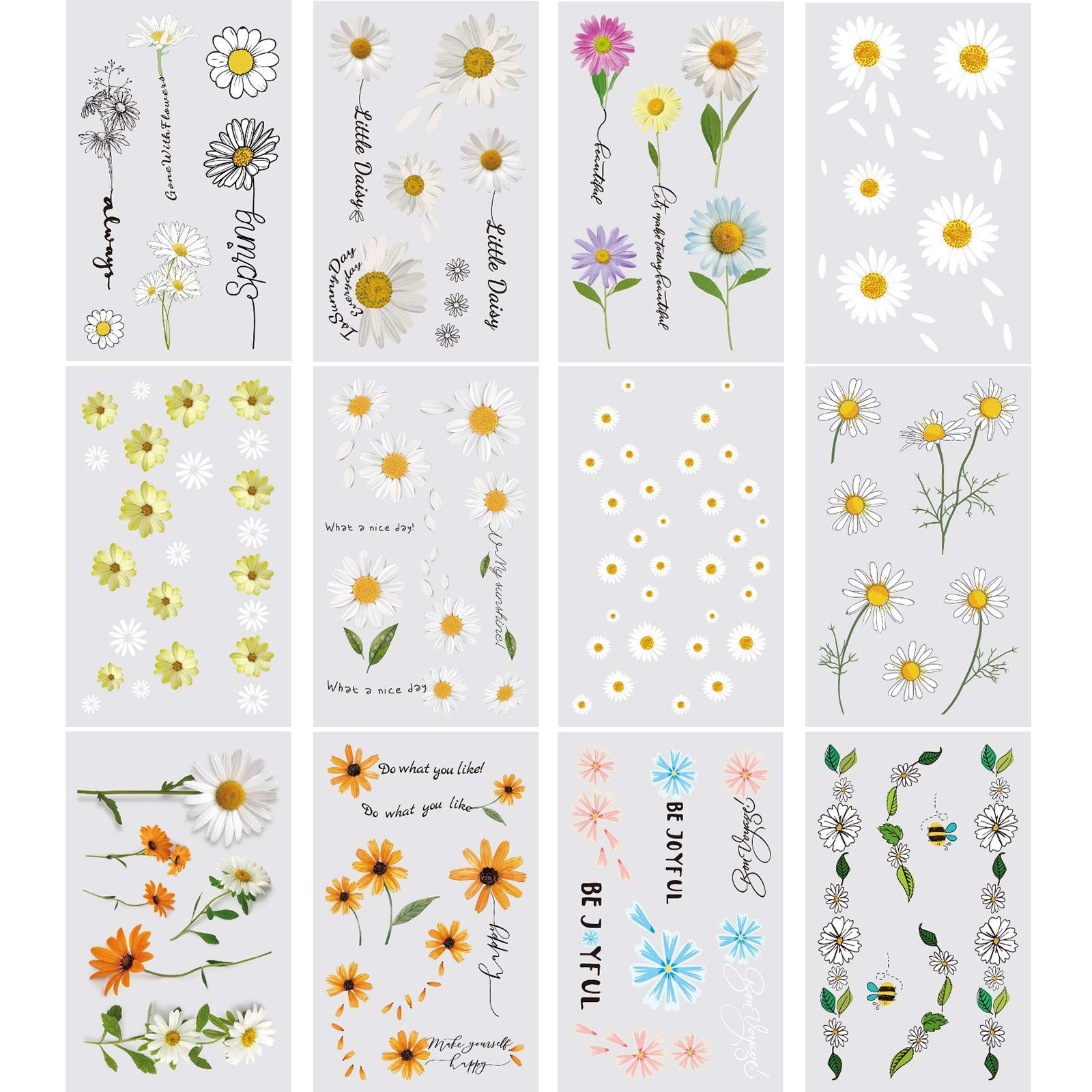 Ooopsiun 3D Daisy Temporary Tattoos for Women Girls Flowers Fake Tattoos Body Art Stickers for Hand Neck Wrist Arm, 12 Sheets