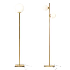 brightech globe floor lamp set of 2 - luna and sphere frosted glass standing lamps for bedroom - mid-century modern contemporary led floor lamps, tall lamp for living rooms - gold/antique brass