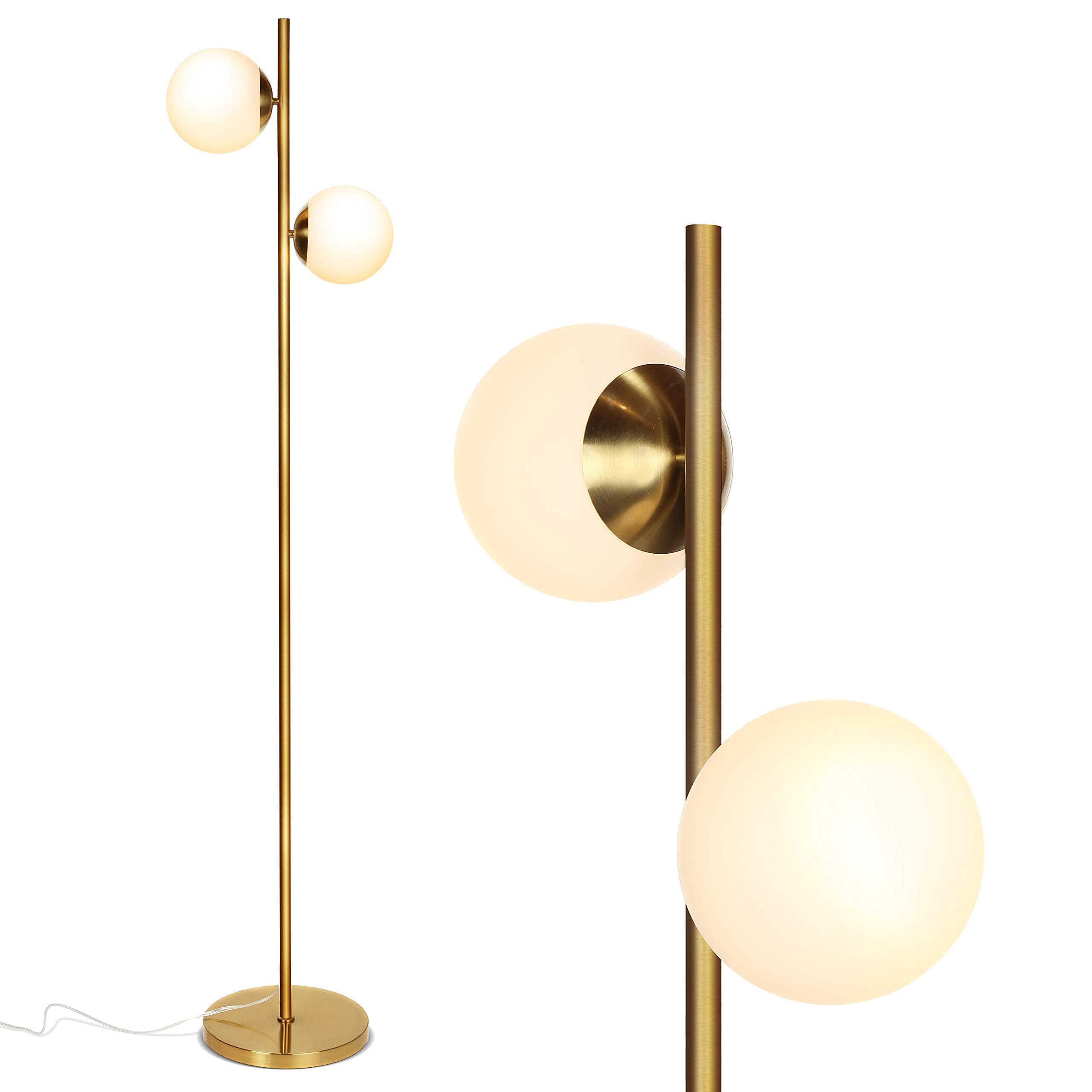 Brightech Globe Floor Lamp Set of 2 - Luna and Sphere Frosted Glass Standing Lamps for Bedroom - Mid-Century Modern Contemporary LED Floor Lamps, Tall Lamp for Living Rooms - Gold/Antique Brass