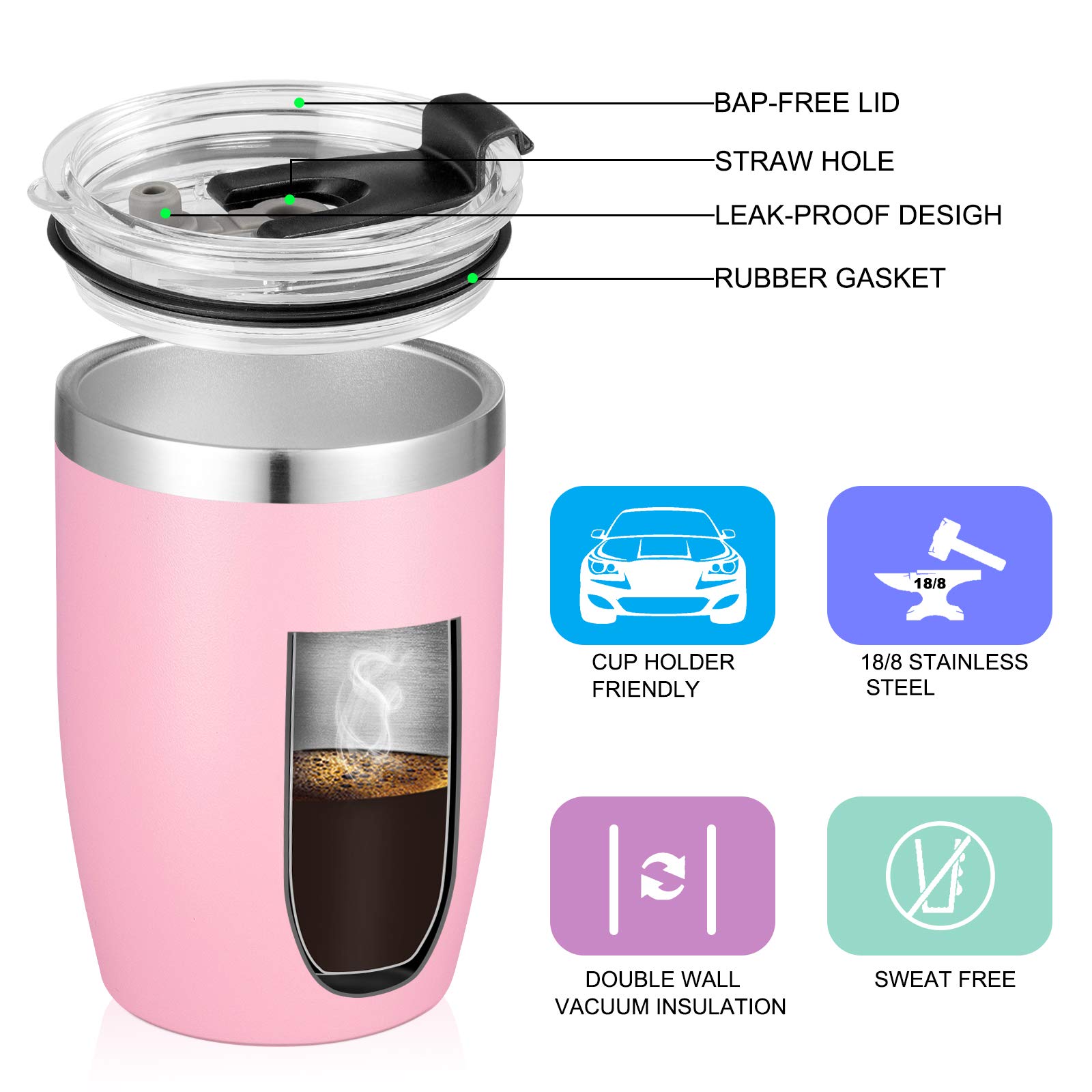 VEGOND Stainless Steel 12 oz Tumblers bulk Vacuum Insulated Double Wall Travel Tumbler with Lid and Straw Reusable Tumbler,Pink