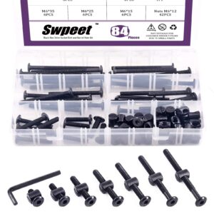 swpeet 84pcs black m6 × 15/25/35/45/55/65/75mm crib hardware screws kit, hex socket head cap crib baby bed bolt and barrel nuts with 1 x allen wrench perfect for furniture, cots, crib screws