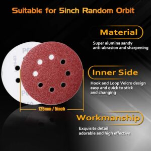 80pcs 5 inch Sanding Discs Hook and Loop, 8 Hole Orbital Sander Sandpaper, 10 x 40/60/80/120/180/240/320/400 Grit Orbital Sander Pads, Round Sandpaper Discs by Taspire