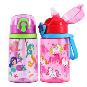 home tune 2 pack cute water bottles with straw for kids girls boys, bpa free tritan & leak proof & secure lock & soft carry loop, 14oz / 400ml (unicorn & mermaid)