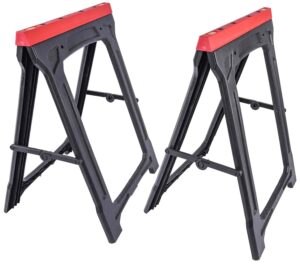 jegs folding saw horses 2 pack - 350 lbs capacity - heavy duty saw horse - weather-resistant polypropylene folding sawhorse - folds flat to 2 inches - folding sawhorses pack of 2