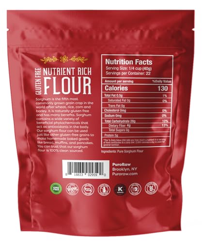 Sorghum Flour, 2lbs, Gluten Free flour, Jowar Flour, Sweet White Sorghum Flour Gluten Free, Sweet Sorghum Flour, Whole Grain, All Natural, Batch Tested, Non-GMO, 2 pounds, By PuroRaw.