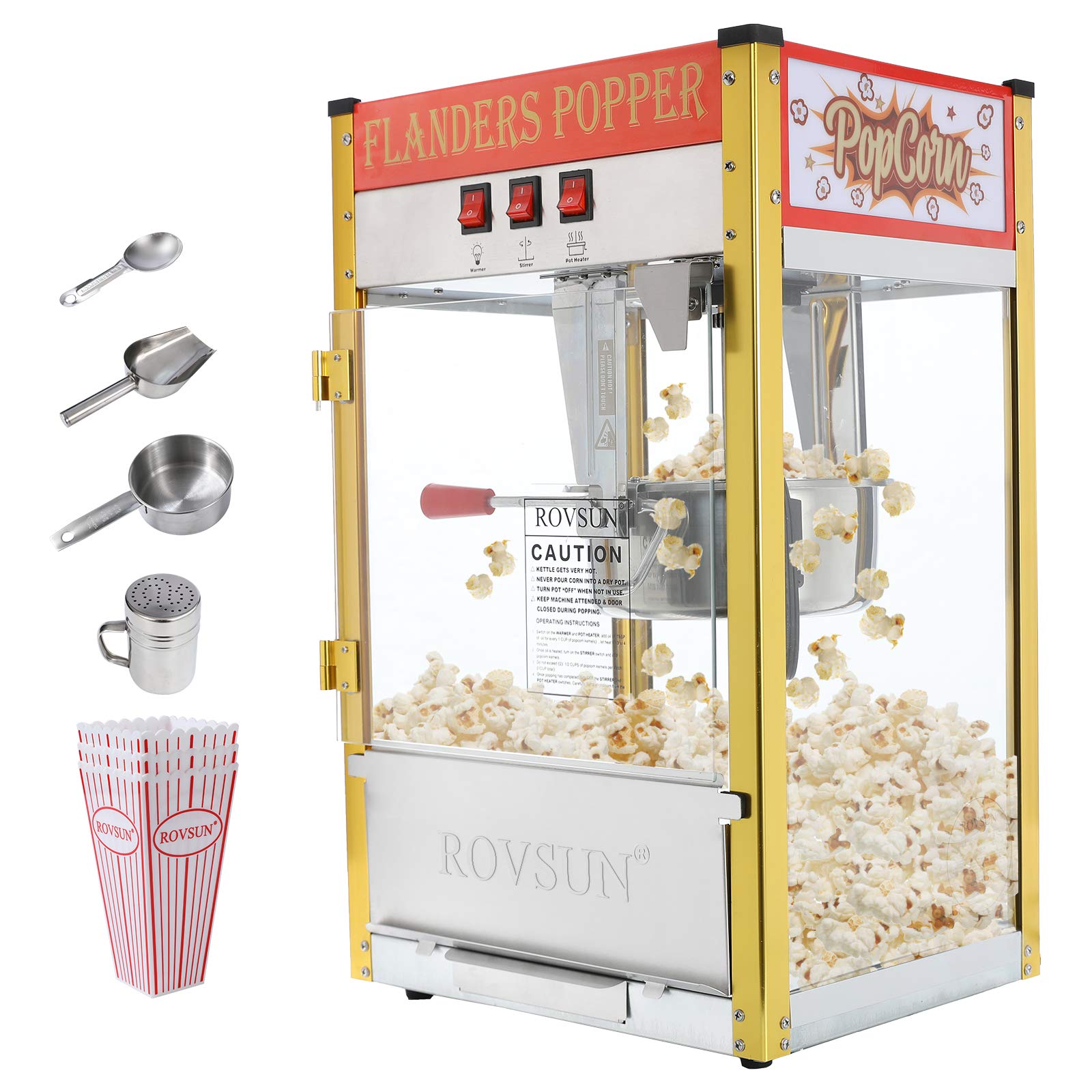 ROVSUN Popcorn Machine Movie Theater Style with 8 Ounce Kettle Makes Up to 32 Cups, Countertop Popcorn Maker Commercial Popcorn Machine w/Stainless Steel Scoop, Oil Spoon & 3 Popcorn Cups, Red