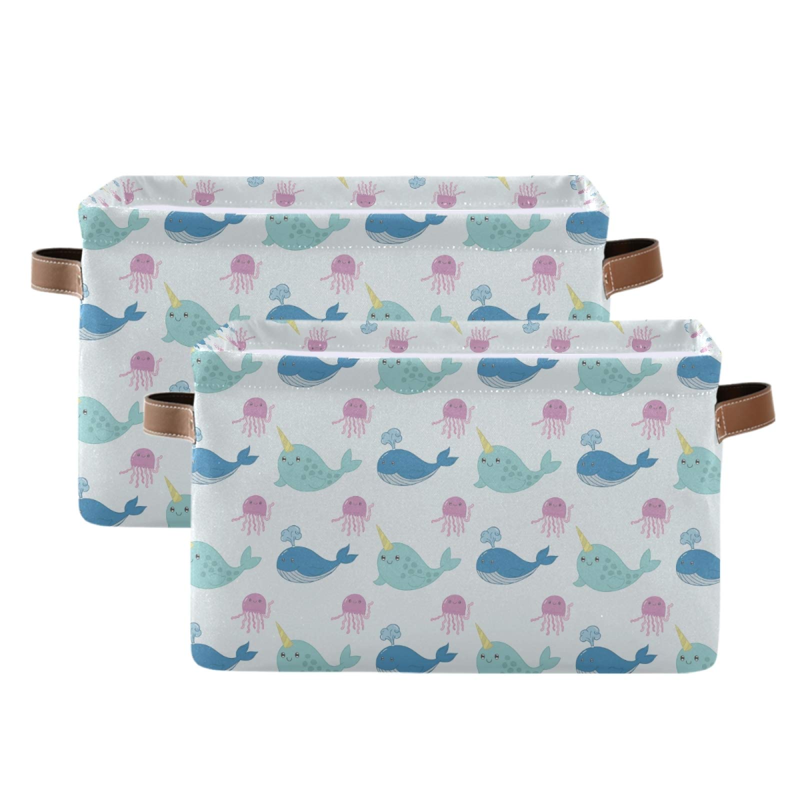 senya Large Foldable Storage Basket with Handles, Jellyfish Whale Narwhal Fabric Collapsible Storage Bins Organizer Bag for Baby Storage Toy Storage 15 x 11 x 9.5 inch