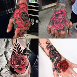 oottati waterproof 4 sheets back of hand fake temporary tattoo stickers colorful red rose snake flower