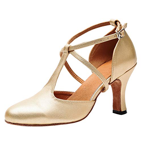 HROYL Character Dance Shoes for Women T-Strap Modern Latin Salsa Tango Shoes Ballroom Dance Heels,YCL272-Gold-8.5,US6.5