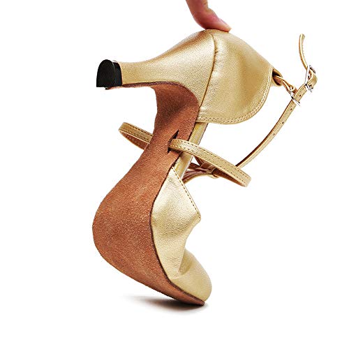 HROYL Character Dance Shoes for Women T-Strap Modern Latin Salsa Tango Shoes Ballroom Dance Heels,YCL272-Gold-8.5,US6.5