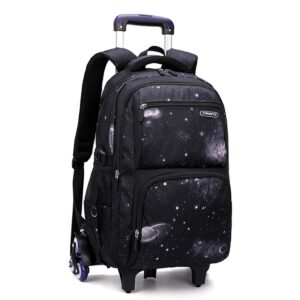 Galaxy-Print Rolling-Backpack Boys-Bookbag on Wheels, Black Galaxy Wheel Backpack, Wheel Trolley Bag for School