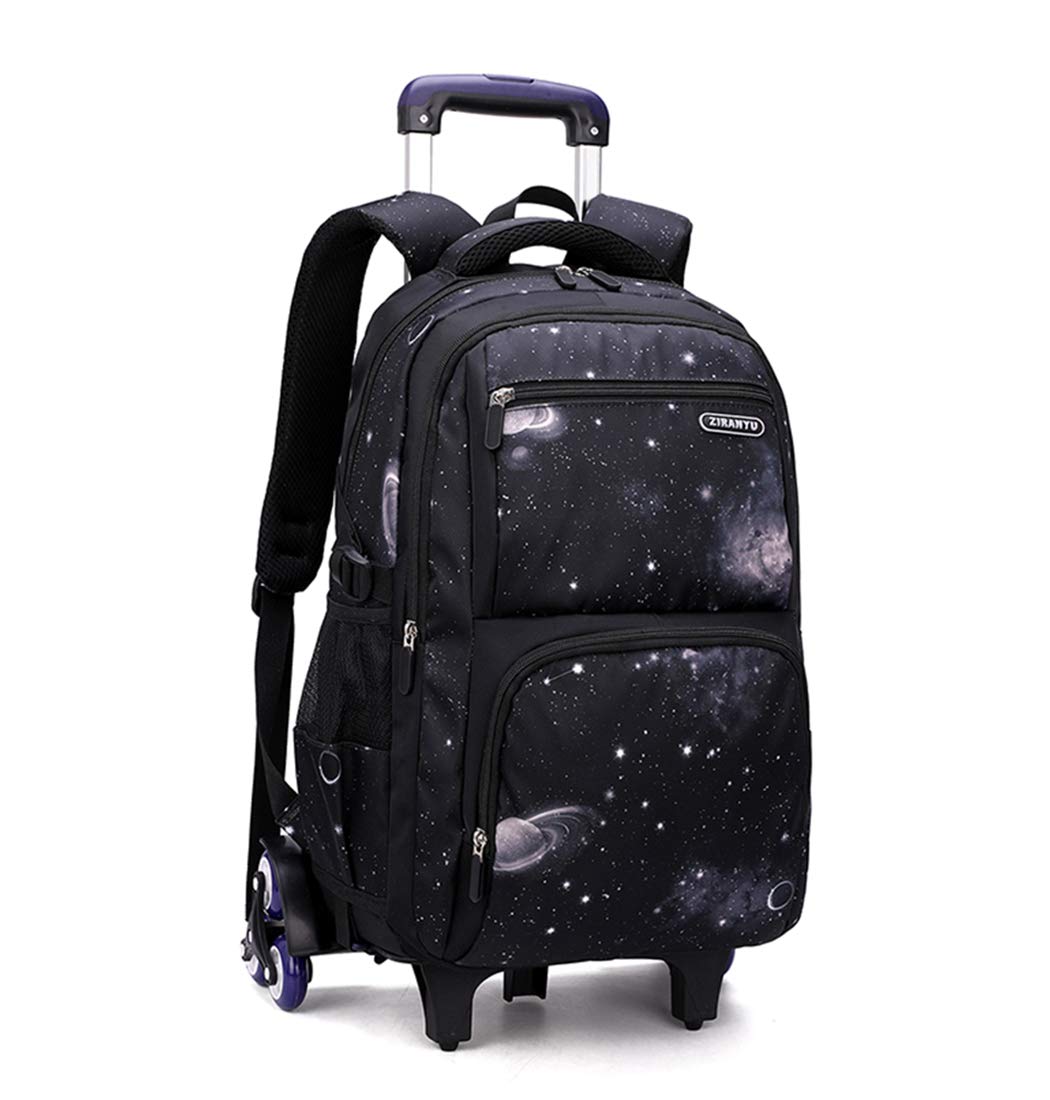 Galaxy-Print Rolling-Backpack Boys-Bookbag on Wheels, Black Galaxy Wheel Backpack, Wheel Trolley Bag for School