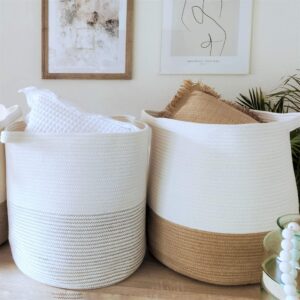 large woven storage baskets (set of 2) decorative blanket basket for living room, toys, pillows, nursery or towels. laundry hamper. baskets for organizing. cotton rope baskets