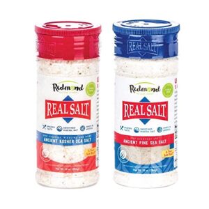 redmond real salt - natural unrefined sea salt, 10oz fine salt shaker with 10oz kosher salt shaker