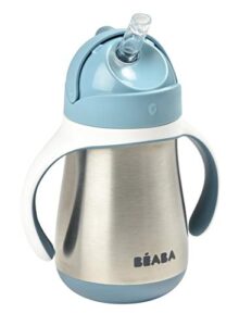 beaba stainless steel straw sippy cup, sippy cup with removable handles, sippy cup with straw, 8+ months, 8.5 oz (rain)