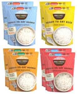miracle noodle variety pack (angel hair, fettuccine, spaghetti & rice) - ready-to-eat, shirataki noodles, shirataki rice, keto, gluten free, low carb, low calorie, konjac noodles - 2 bags each, 8-pack