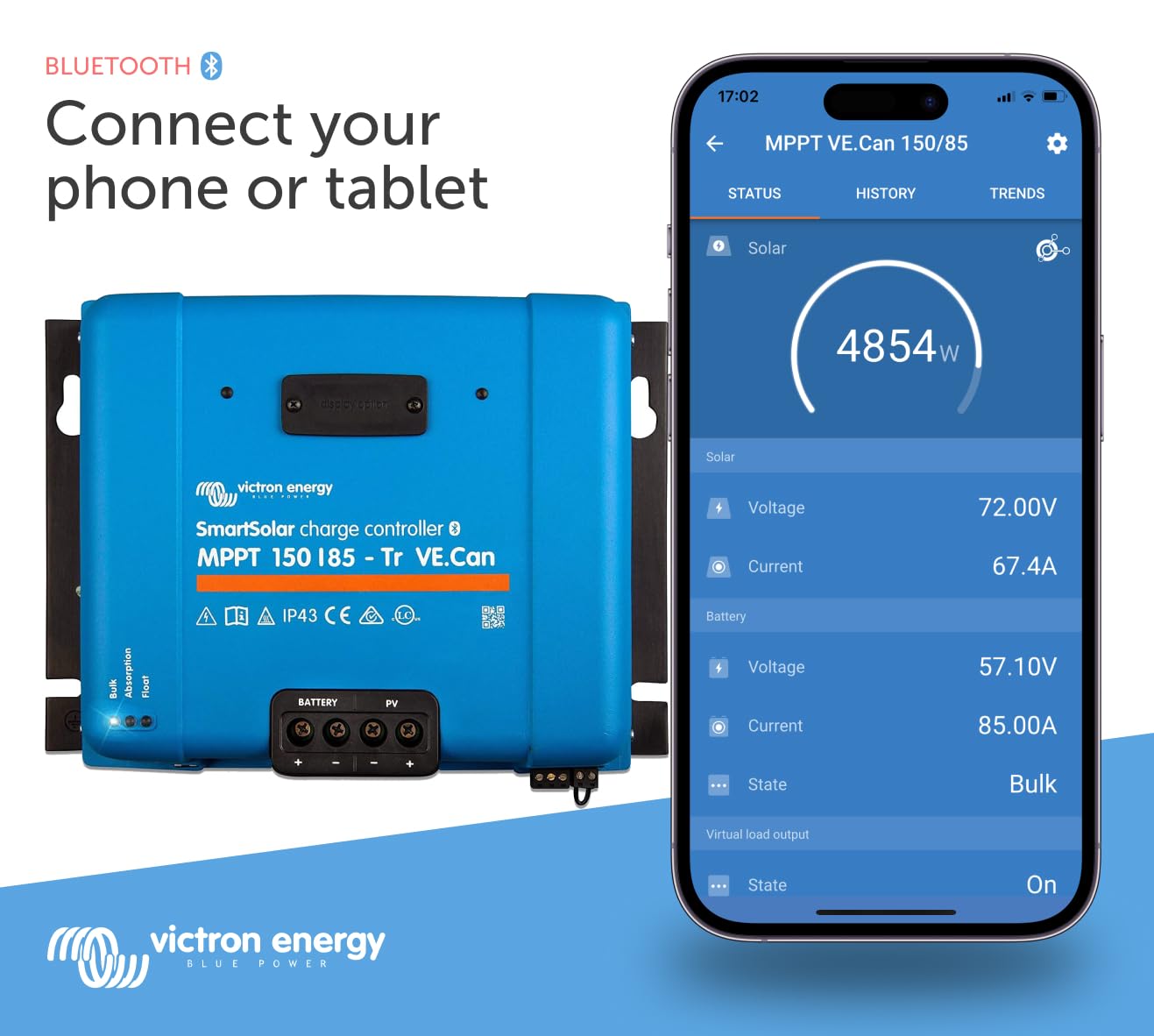 Victron Energy SmartSolar MPPT Tr VE. Can 150V 85 amp 12/24/36/48-Volt Solar Charge Controller (Bluetooth)