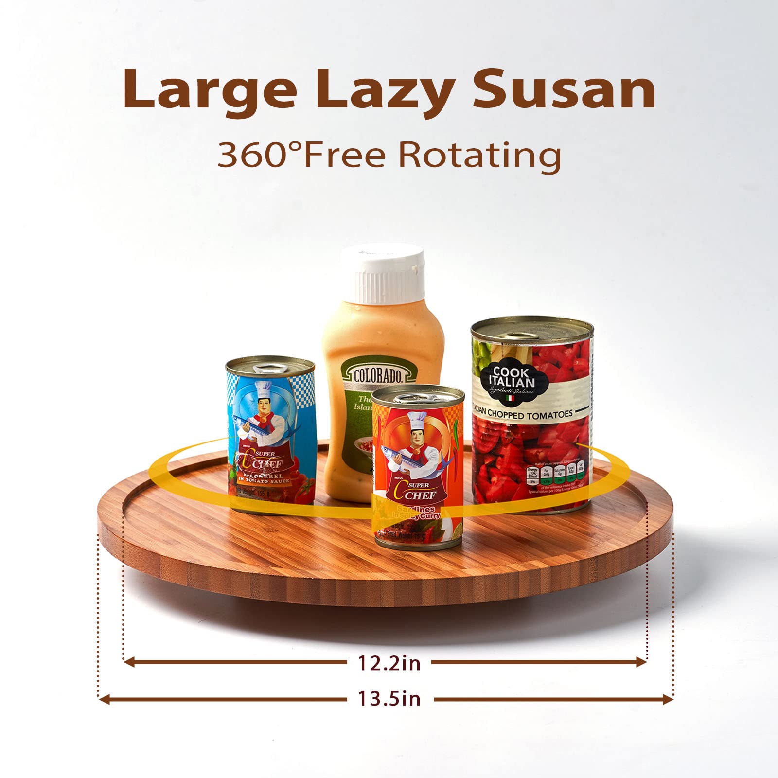 Lazy Susan Turntable Wood 13.5”, with Metal Bearing System & Anti-Slip Silicone Pad, Large Cake Stand, Rotating Spice Rack Cabinet Under Sink Organizer for Pantry Kitchen Bathroom Storage