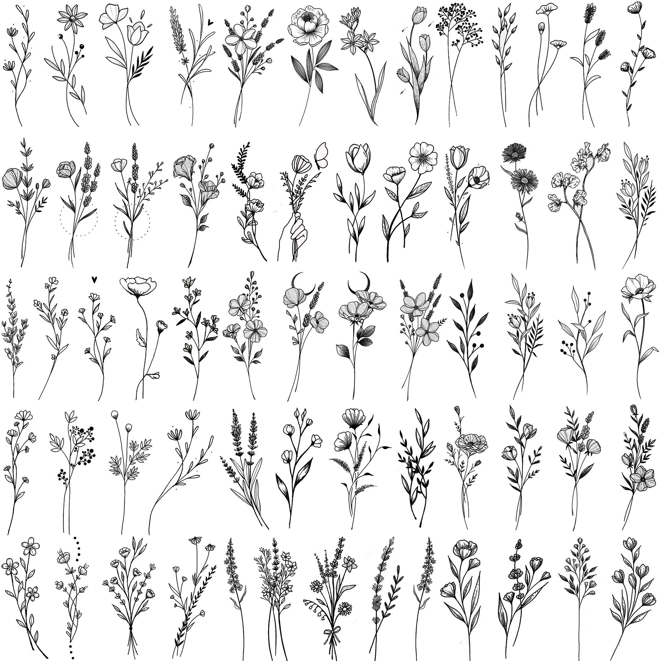 15 Sheets FANRUI Tiny Branch Black Flower Temporary Tattoos For Women Girl Floral Bouquet Small Tattoo Temporary Wild Plant Lavender Sweet Pea Larkspur Fake Tatoo Adults Face Hands Kids Kit Sticker