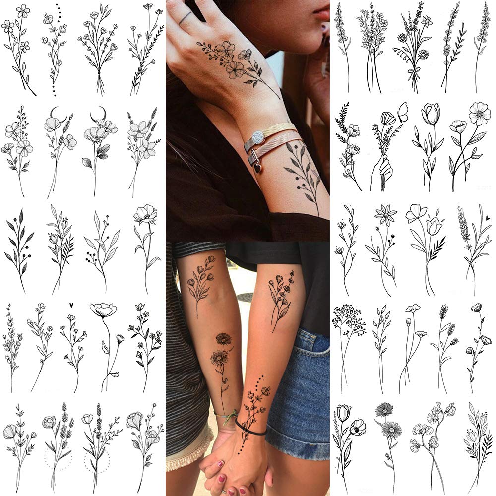 15 Sheets FANRUI Tiny Branch Black Flower Temporary Tattoos For Women Girl Floral Bouquet Small Tattoo Temporary Wild Plant Lavender Sweet Pea Larkspur Fake Tatoo Adults Face Hands Kids Kit Sticker