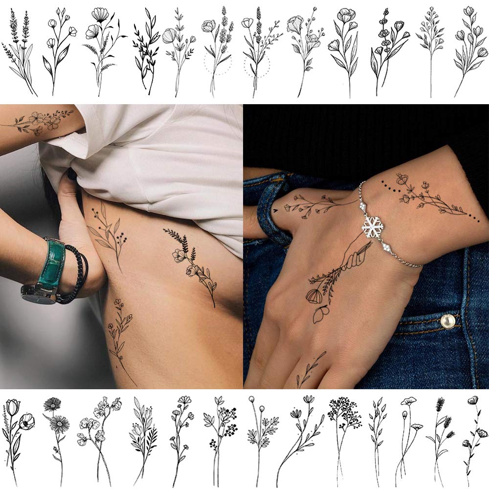 15 Sheets FANRUI Tiny Branch Black Flower Temporary Tattoos For Women Girl Floral Bouquet Small Tattoo Temporary Wild Plant Lavender Sweet Pea Larkspur Fake Tatoo Adults Face Hands Kids Kit Sticker