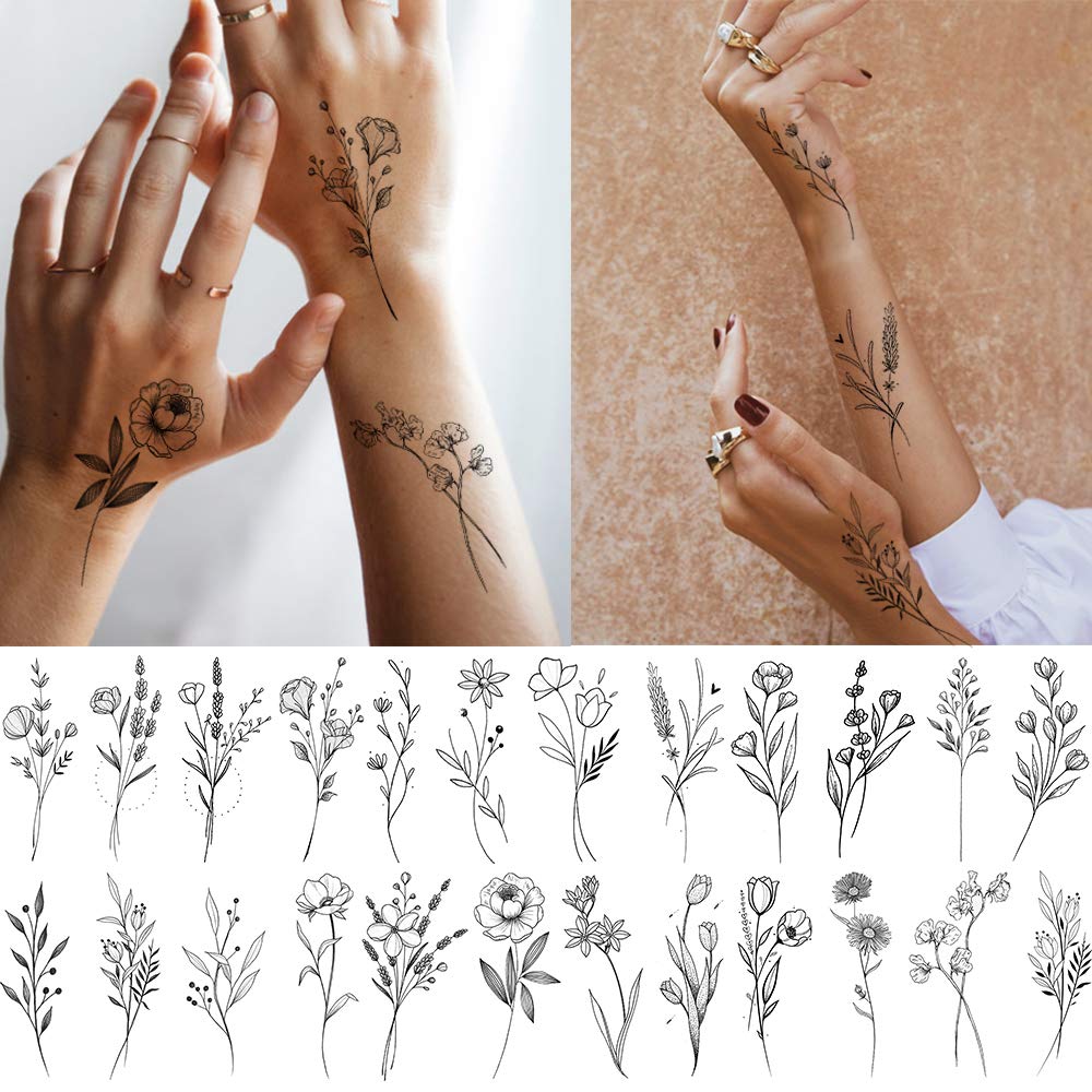 15 Sheets FANRUI Tiny Branch Black Flower Temporary Tattoos For Women Girl Floral Bouquet Small Tattoo Temporary Wild Plant Lavender Sweet Pea Larkspur Fake Tatoo Adults Face Hands Kids Kit Sticker