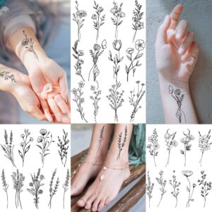 15 Sheets FANRUI Tiny Branch Black Flower Temporary Tattoos For Women Girl Floral Bouquet Small Tattoo Temporary Wild Plant Lavender Sweet Pea Larkspur Fake Tatoo Adults Face Hands Kids Kit Sticker