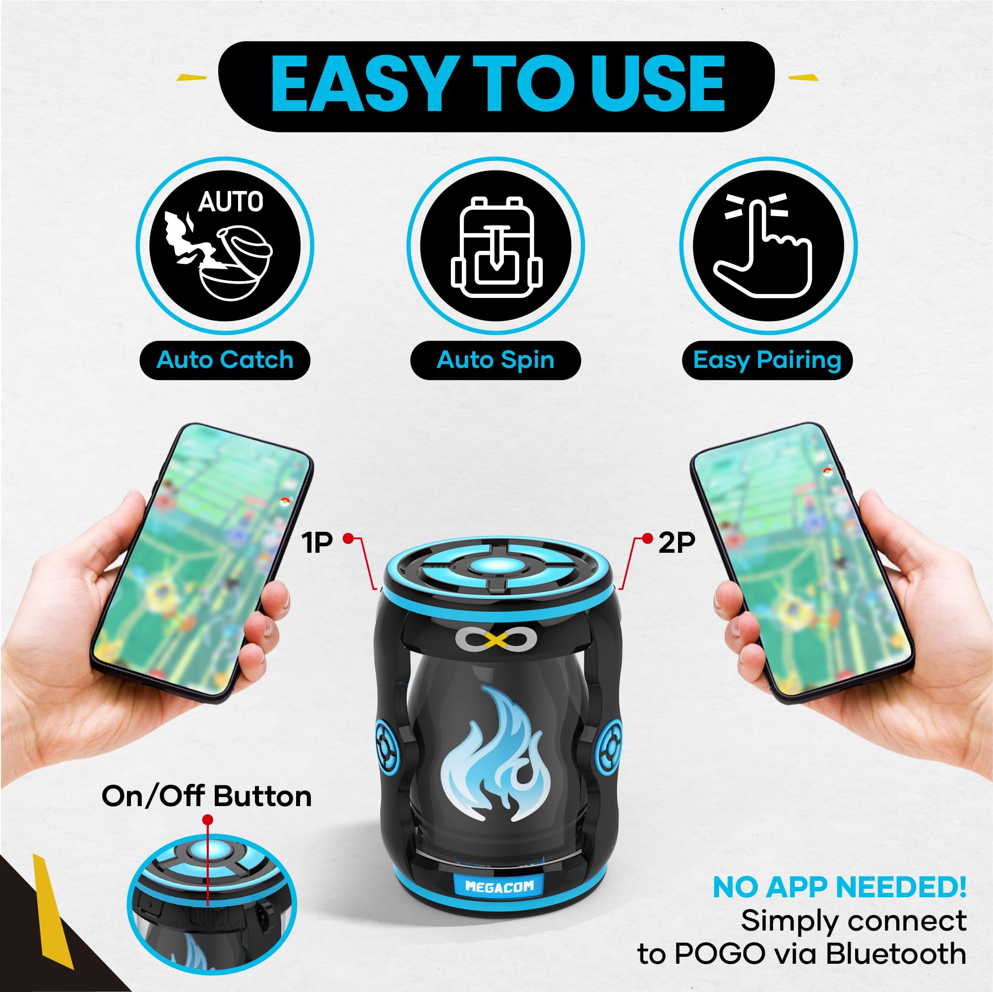 megacom DuoMon Egg for 2 Accounts Compatible for Pokemon Go Plus - One Touch Reconnection, Auto Catch, Spin, Speedy Upgrade to Earn Candy, XP & Stardust, Keep Connecting in The Background (Black)