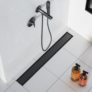 neodrain 24-inch linear shower drain,with 2-in-1 flat & tile insert shiny black cover, rectangle shower floor drain, floor shower drain with adjustable leveling feet, hair strainer