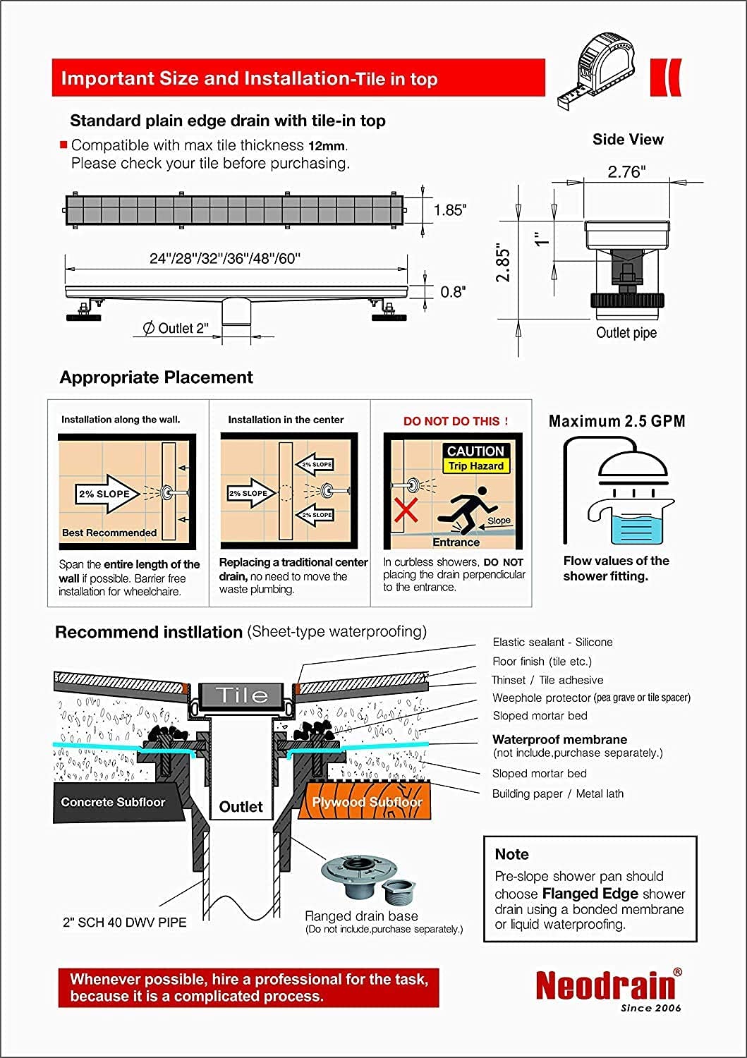 Neodrain 24-Inch Linear Shower Drain,with 2-in-1 Flat & Tile Insert Shiny Black Cover, Rectangle Shower Floor Drain, Floor Shower Drain with Adjustable Leveling Feet, Hair Strainer