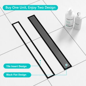 Neodrain 24-Inch Linear Shower Drain,with 2-in-1 Flat & Tile Insert Shiny Black Cover, Rectangle Shower Floor Drain, Floor Shower Drain with Adjustable Leveling Feet, Hair Strainer