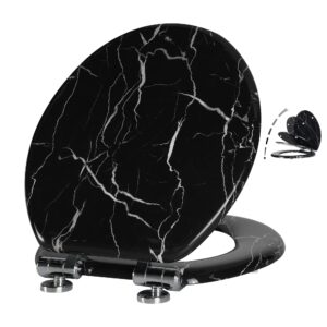 angel shield marble toilet seat durable molded wood with quiet close,easy clean，quick-release hinges (round,black marble)