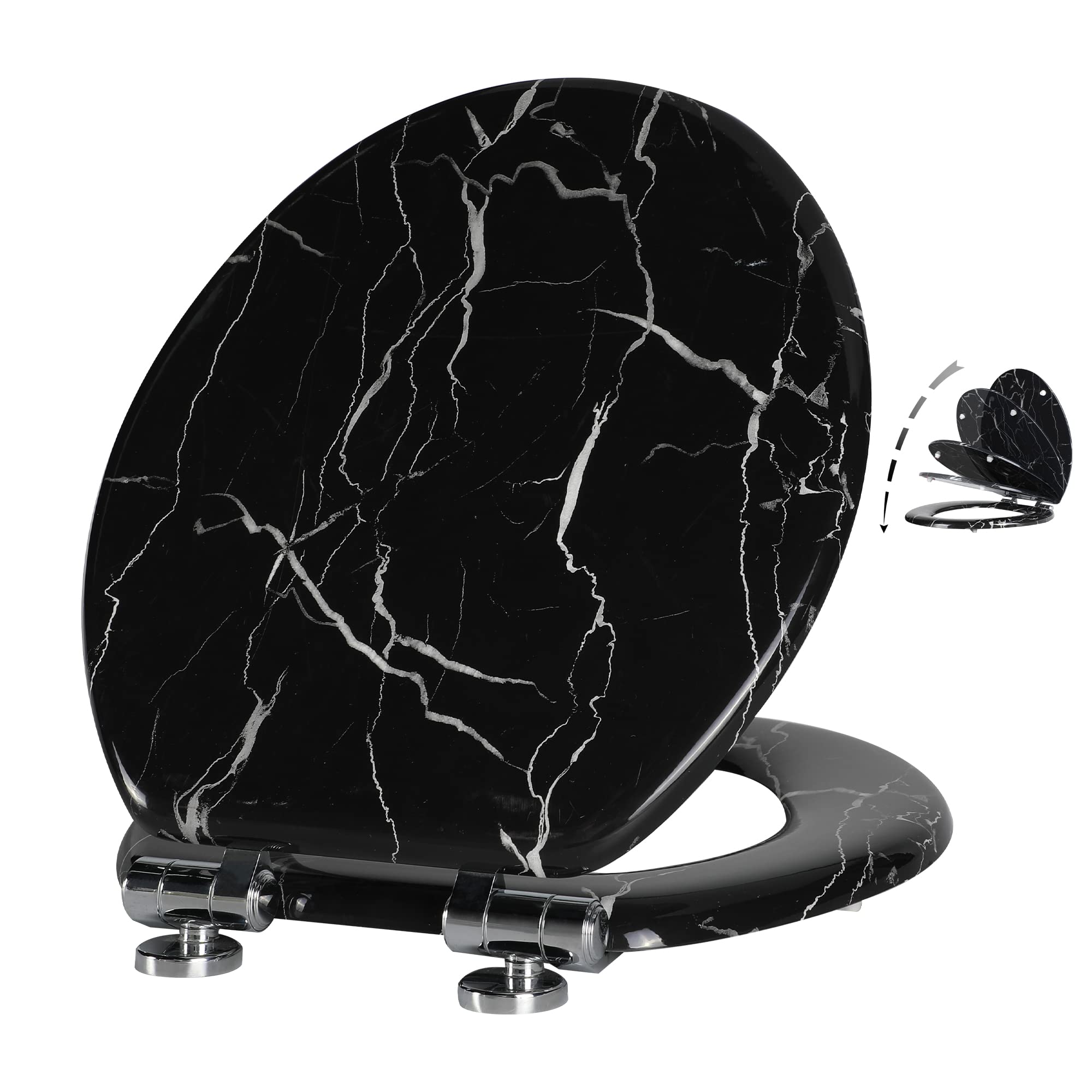 Angel Shield Marble Toilet Seat Durable Molded Wood with Quiet Close,Easy Clean，Quick-Release Hinges (Round,Black Marble)