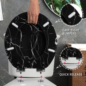 Angel Shield Marble Toilet Seat Durable Molded Wood with Quiet Close,Easy Clean，Quick-Release Hinges (Round,Black Marble)