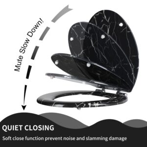 Angel Shield Marble Toilet Seat Durable Molded Wood with Quiet Close,Easy Clean，Quick-Release Hinges (Round,Black Marble)