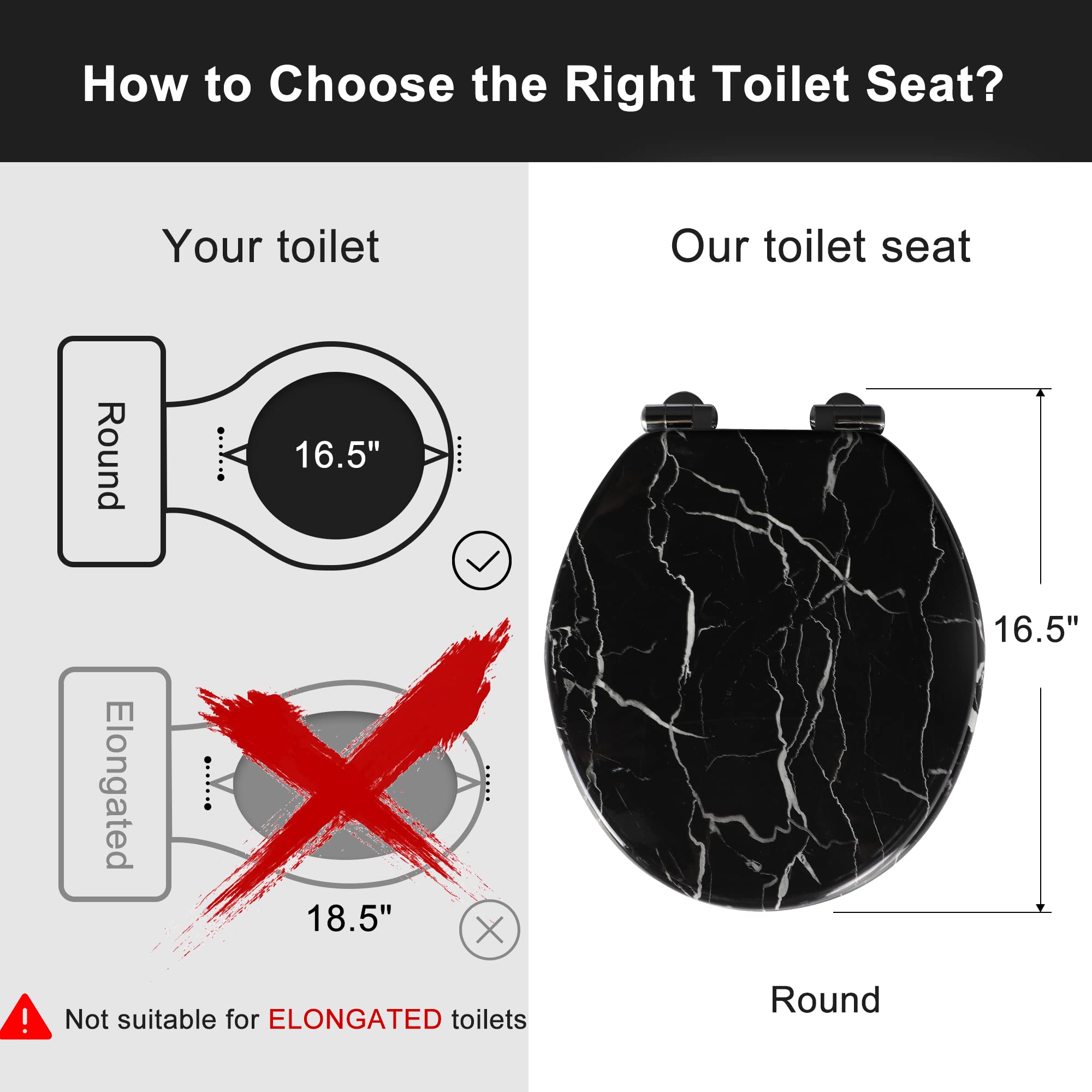 Angel Shield Marble Toilet Seat Durable Molded Wood with Quiet Close,Easy Clean，Quick-Release Hinges (Round,Black Marble)