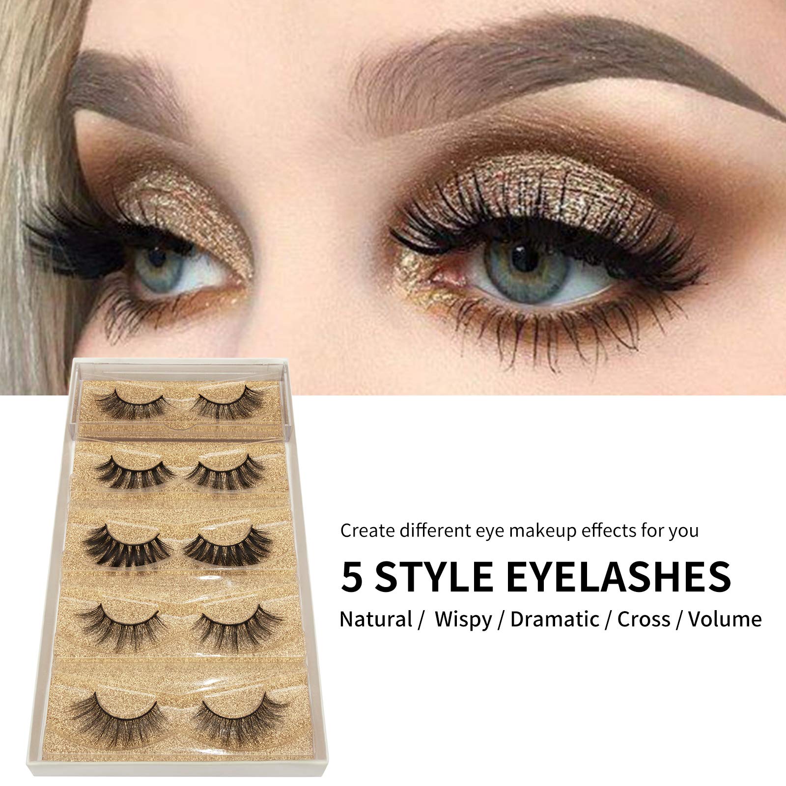 DYSILK Mink Lashes Natural Look - False Eyelashes 5 Pairs 6D Lashes 5 Styles Mixed Lash Pack - Wispy Lashes Fake Eyelashes Soft Reusable Cat Eye Lash | 15mm-18mm