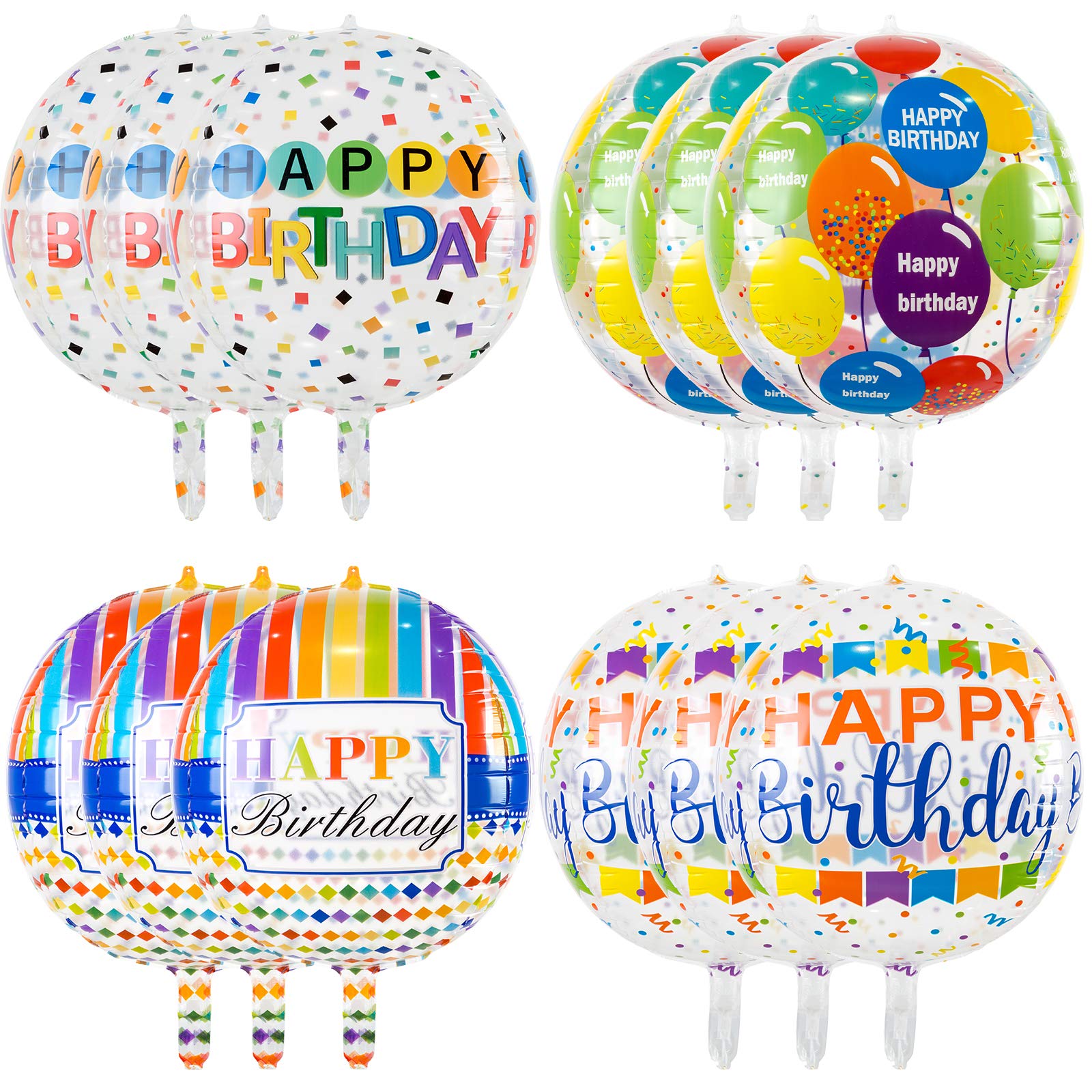 22 Inches Large Happy Birthday Balloons 4D Round Shaped Mylar Foil Balloon Colorful Clear Helium Balloons for Birthday Party Baby Shower Decorations, 12 Pcs