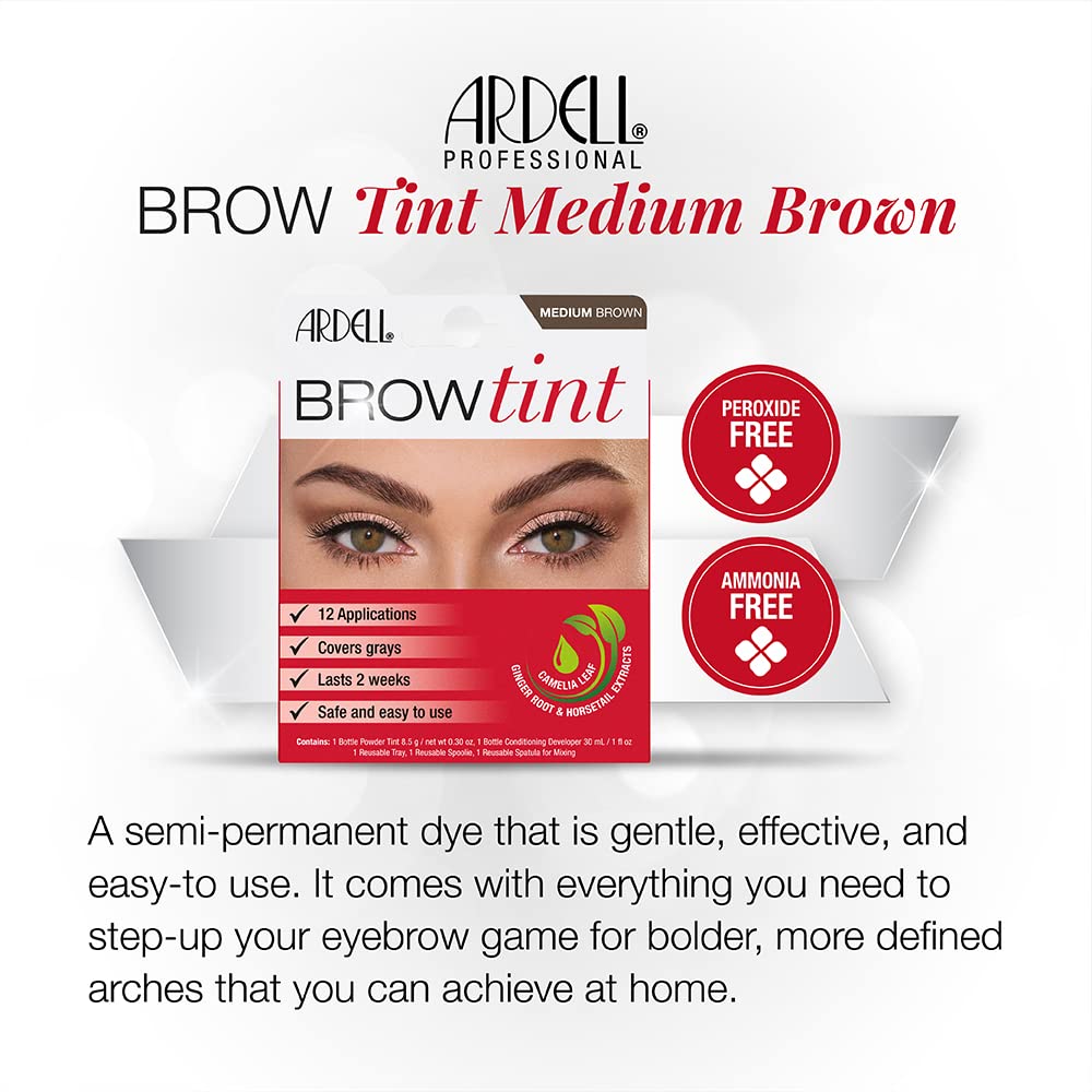 Ardell Brow Tint Medium Brown, Longer-lasting, Semi-permanent Brow Dye, with Natural Extracts, Complete Brow Tinting Kit, 1 pack