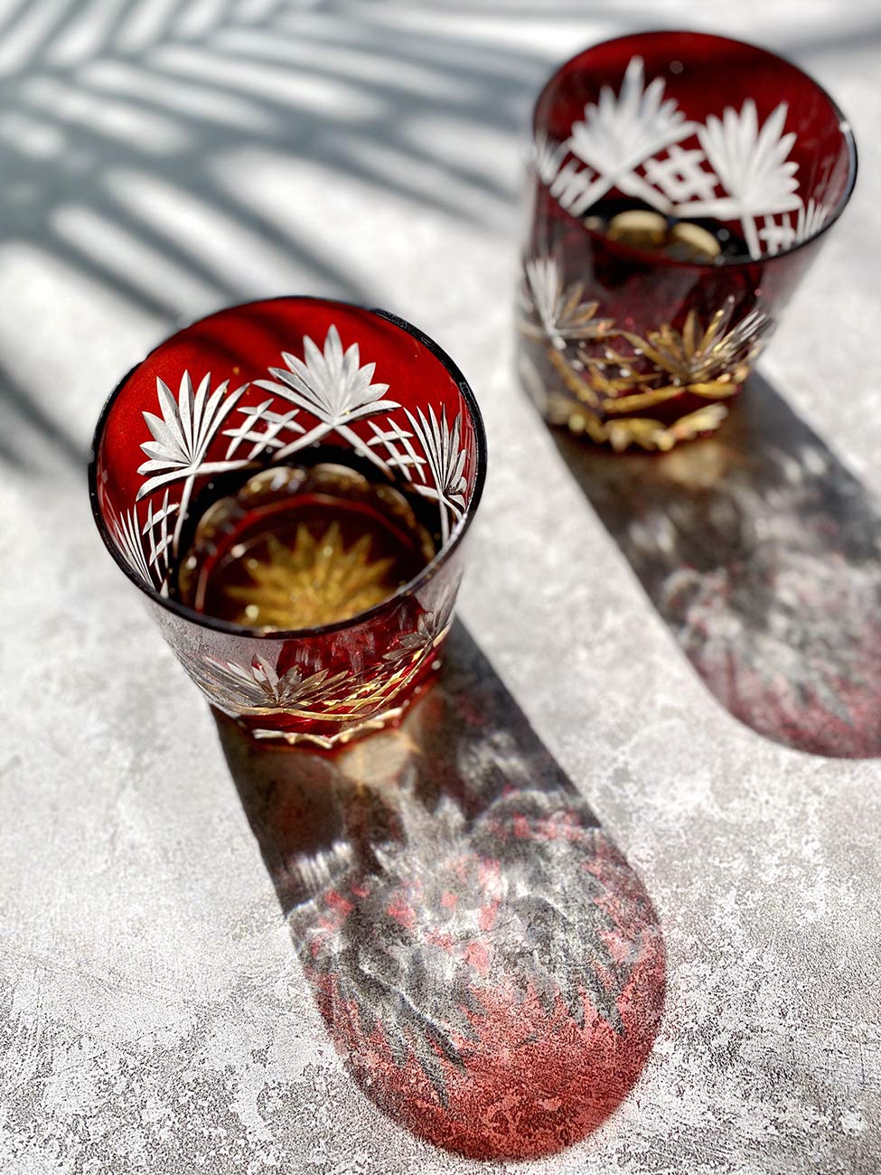 PLEASANT BREEZE Ruby Red Fancy Hand Cutting Wine Glass, Gift Boxed 10 Oz Handmade Old Fashioned Glass