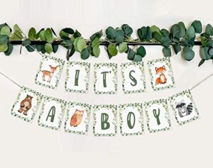 woodland baby shower banner, forest animals creatures it's a boy bunting banner for woodland baby shower decorations