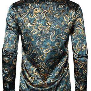 ZEROYAA Men's Hipster Design Silk Like Satin Button Up Paisley Dress Shirt for Party Prom ZLCL31-101-Teal Medium