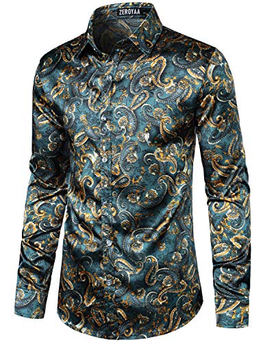 ZEROYAA Men's Hipster Design Silk Like Satin Button Up Paisley Dress Shirt for Party Prom ZLCL31-101-Teal Medium