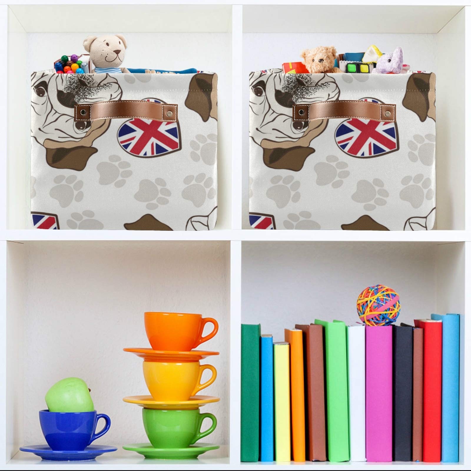 susiyo Large Foldable Storage Bin English Bulldog Fabric Storage Baskets Collapsible Decorative Baskets Organizing Basket Bin with PU Handles for Shelves Home Closet Bedroom Living Room-1Pack