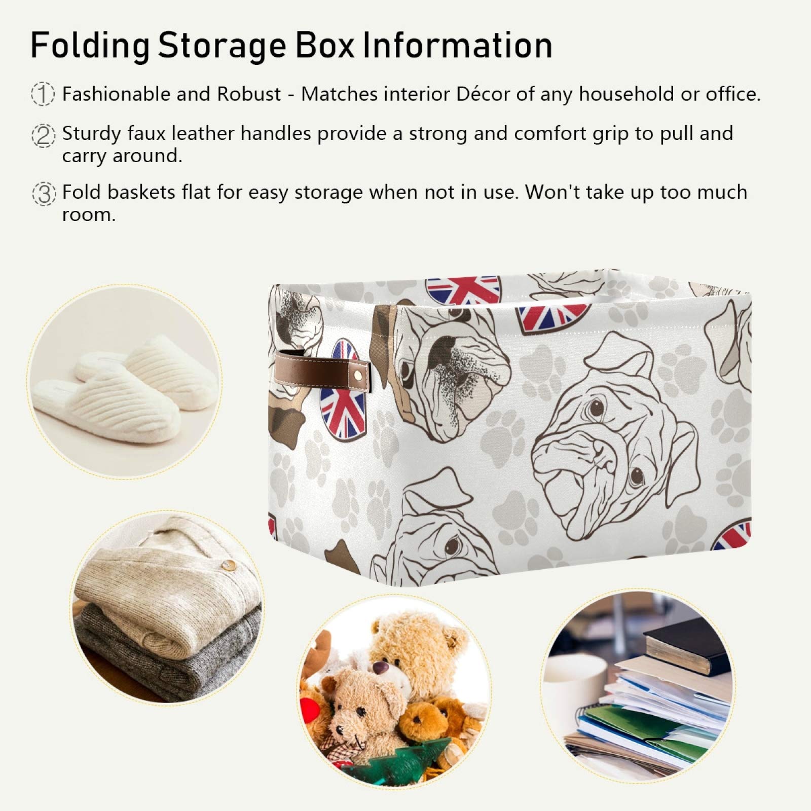 susiyo Large Foldable Storage Bin English Bulldog Fabric Storage Baskets Collapsible Decorative Baskets Organizing Basket Bin with PU Handles for Shelves Home Closet Bedroom Living Room-1Pack