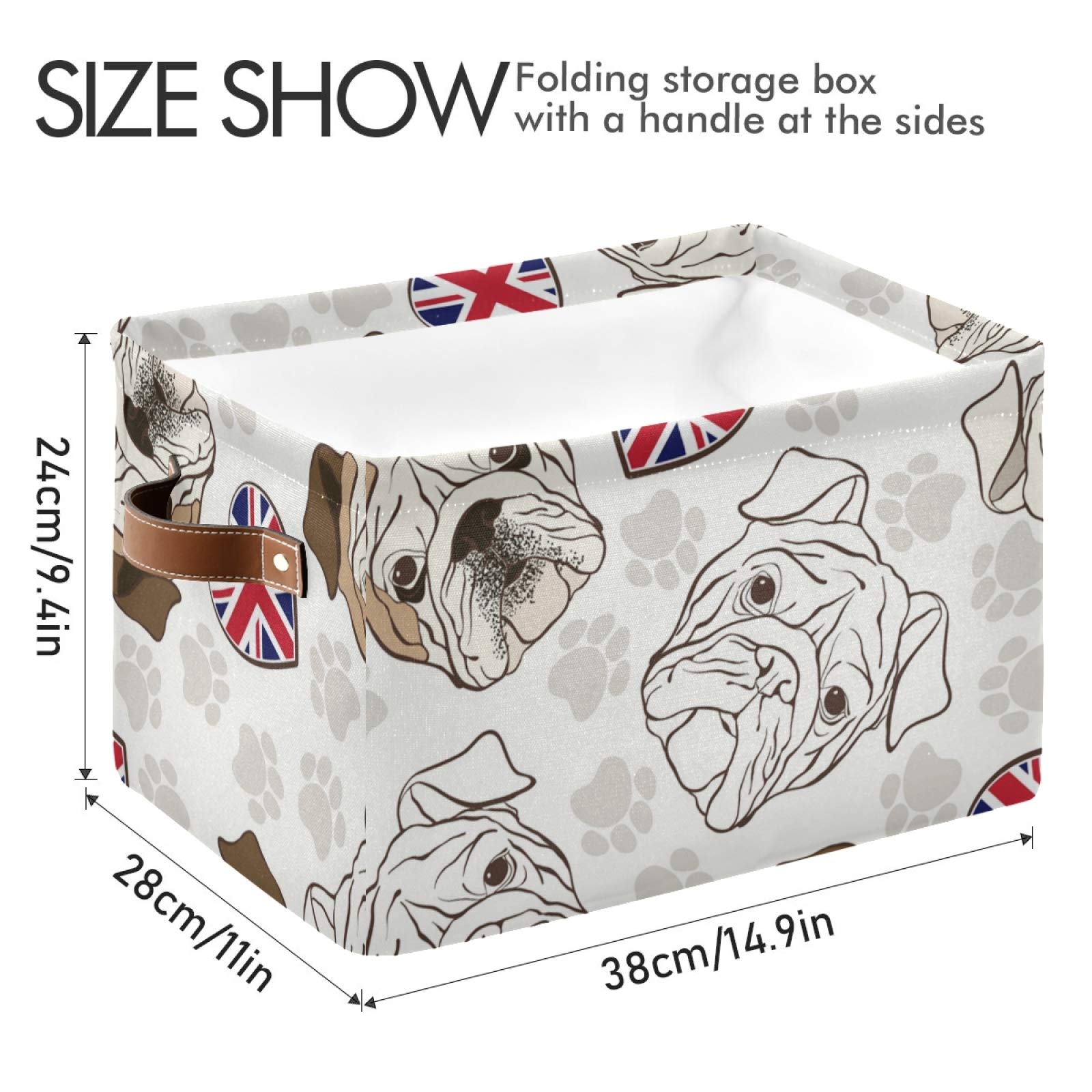 susiyo Large Foldable Storage Bin English Bulldog Fabric Storage Baskets Collapsible Decorative Baskets Organizing Basket Bin with PU Handles for Shelves Home Closet Bedroom Living Room-1Pack