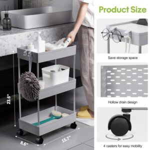 KPX Bathroom Rolling Storage Cart with Wheels Kitchen Utility Cart Casters Mobile Laundry Organizer Shelves for Room Organizers, Make Up, Home School, Dorm Room Office Essentials (3-Tier, Gray 1)